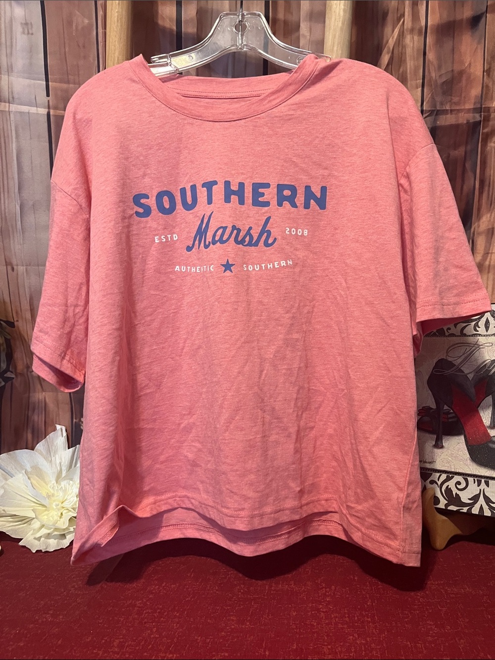 Southern Marsh Coral Pink Logo Crop Top with Blue Print